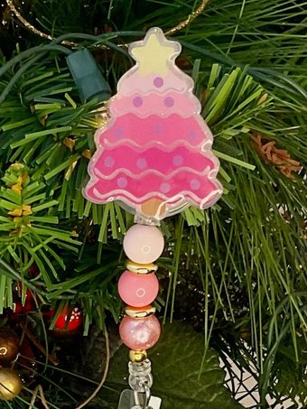 Christmas Tree Badge Reel, Pink ID Badge Holder, Cute Nurse Badge Reel for the Holiday, Secret Santa Gift for Coworker, Teacher Appreciation