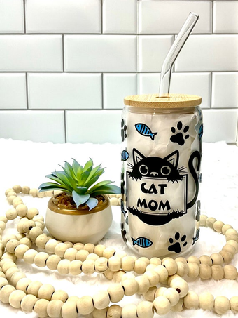 Cat Mom Cup, Cat Mom Glass, Iced Coffee Cup, Mother Birthday Gift from Cat, Cat Lover, Ice Tea Glass, Mom Beer Can Glass, Cute cat gift her